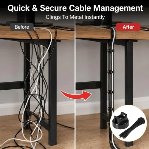 Vista 6 de Soportes magnéticos para bridas de cables, 15 imanes con 50 bridas para cables, soporte de cables magnéticos multiusos para gestión de cables, bases