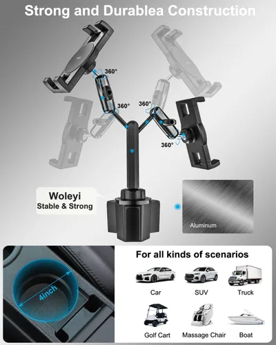 Vista 6 de Soporte doble para tableta para taza de automóvil, [brazo de metal doble] Soporte ajustable resistente para vasos de automóvil, soporte para tableta