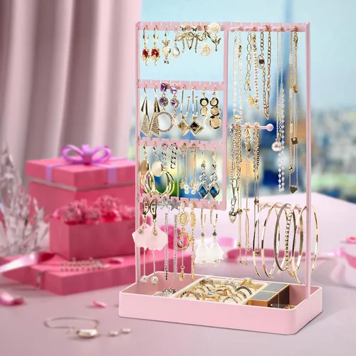 Vista 7 de PiQi-Grecge Organizador de joyas, organizador de aretes de 4 niveles con bandeja de metal, soporte para joyas para collares, aretes, pulseras