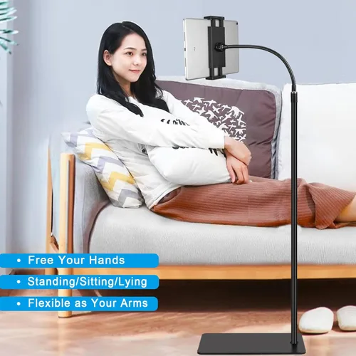 Vista 2 de Soporte de suelo para tableta con base de doble peso, soporte de metal giratorio de 360 grados con soporte flexible de cuello de cisne de brazo
