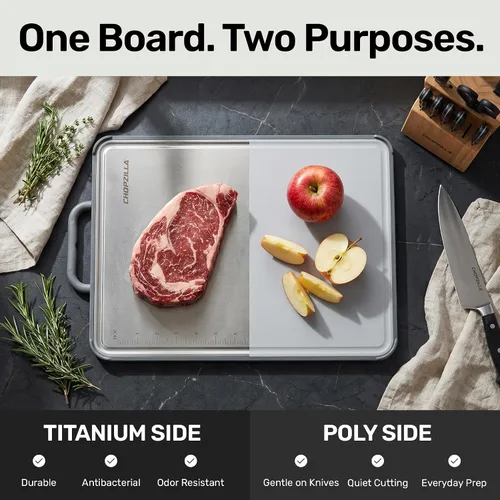 Vista 3 de Chopzilla Tabla de cortar de titanio XL, apta para alimentos, PP de doble cara y tablas de cortar de titanio para cocina con regla grabada