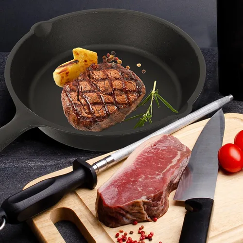 Vista 3 de Sartén antiadherente de hierro fundido grueso con mango y tabla de madera, sartén de cocina para el hogar para huevos, panqueques, pizza y carne