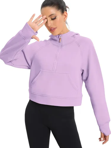 Vista 3 de Sudadera corta con media cremallera para mujer, con forro polar, con cremallera de un cuarto, sudadera atlética de moda, trajes de invierno