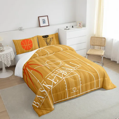 Vista 3 de Erosebridal Juego de ropa de cama de baloncesto tamaño individual para niños, juego de edredón deportivo para cancha de baloncesto, edredón marrón