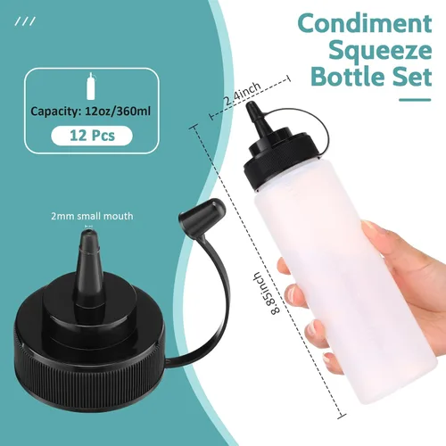 Vista 2 de Dandat 12 botellas de condimentos para salsas, botellas de plástico de 12 onzas con tapas, botella reutilizable para chorros con escala digital