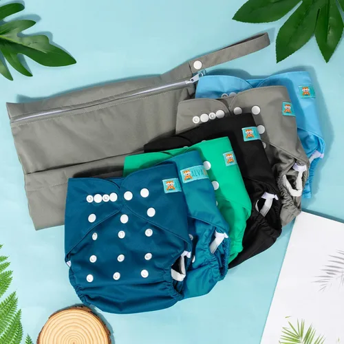 Vista 4 de ALVA BABY - 6 fundas para pañales de tela y 1 bolsa húmeda y seca, lavable y reutilizable para pañales preplegado con bolsa multifuncional 02 Boy