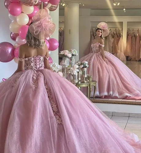 Vista 2 de Zhangyo CXL049 - Vestidos de quinceañera de lentejuelas brillantes con hombros descubiertos y tren, vestido de baile de tul hinchado de princesa