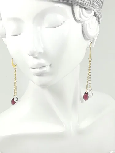Vista 6 de Aretes colgantes extra largos de 2 cadenas de oro de 14 quilates con cristales austriacos raros chapados en puro gota para mujeres, San Valentín