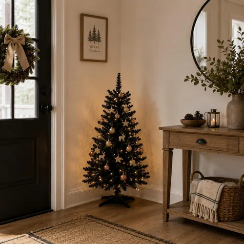 Vista 5 de Mini Árbol de Navidad de 3 pies artificial de escritorio para la decoración de Navidad y Halloween con 160 puntas de ramas, negro