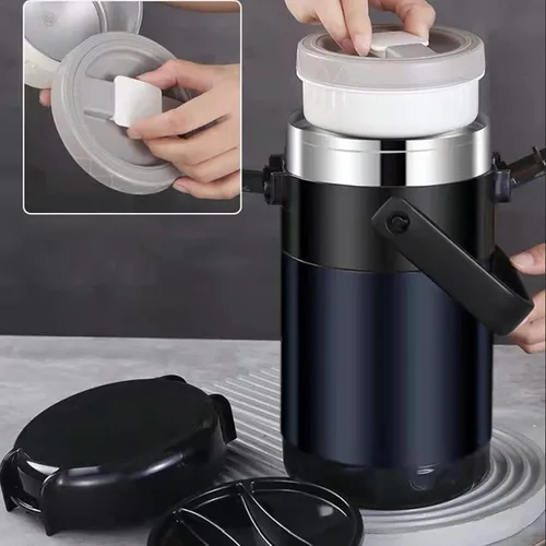 Vista 7 de Lonchera apilable de acero inoxidable de 3 niveles, botella aislada al vacío de acero inoxidable a prueba de fugas, adecuada para llevar alimentos a