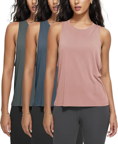 Vista 19 de ODODOS Paquete de 3 camisetas sin mangas sueltas para mujer, camisetas sin mangas para gimnasio, atletismo, entrenamiento, camisetas de yoga