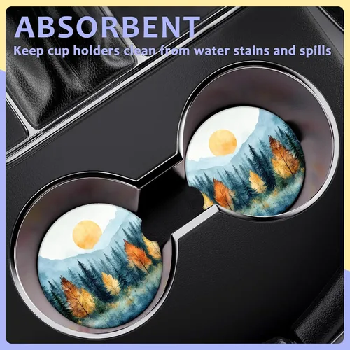 Vista 6 de Paquete de 2 posavasos para automóvil, posavasos abstractos de cerámica absorbente de bosque de montaña, posavasos para portavasos de automóvil