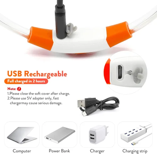 Vista 5 de Vizpet - Collares para perros pequeños, collar ajustable con luz LED, recargable por USB, collar de seguridad brillante para gatos y perros (naranja)