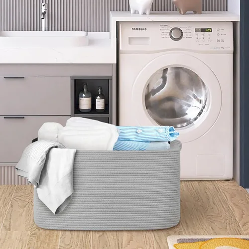 Vista 6 de Cestas grises para organizar, cestas rectangulares de cuerda de algodón de 22 x 17 x 12 pulgadas, cesta tejida para manta para sala de estar, cubos