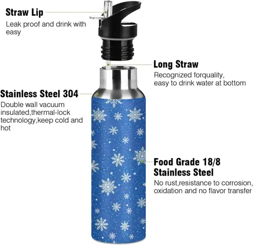 Vista 3 de White Snowflakes Blue Stainless Steel Vacuum Insulated Water Bottle 20 Oz Leakproof Water Bottles, BPA-Free Sport Water Bottle Insulated