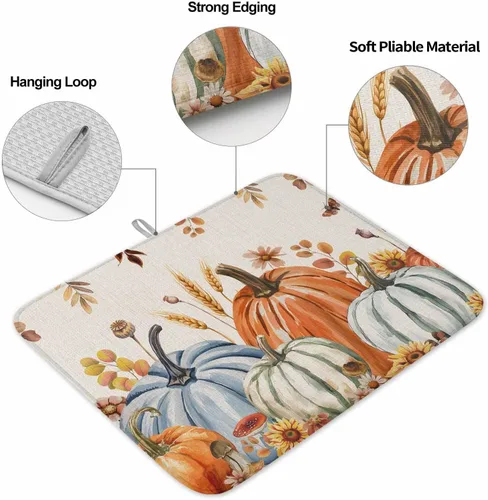 Vista 2 de Tapete de secado de platos de otoño de Acción de Gracias para encimera de cocina, almohadilla de secado de microfibra para biberón de calabaza azul