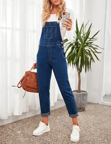 Vista 4 de LookbookStore - Overol de mezclilla elástico e informal para mujer, pantalones y pechera con bolsillos
