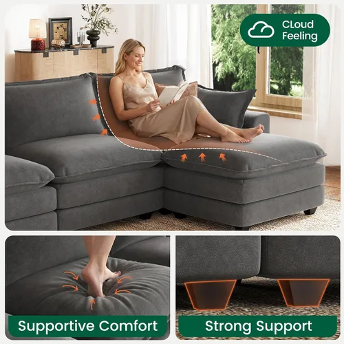 Vista 3 de Sofá de nube en forma de L de 118 pulgadas, sofá modular de gran tamaño con otomana móvil, cómodo sofá de felpilla de 4 plazas con asiento profundo