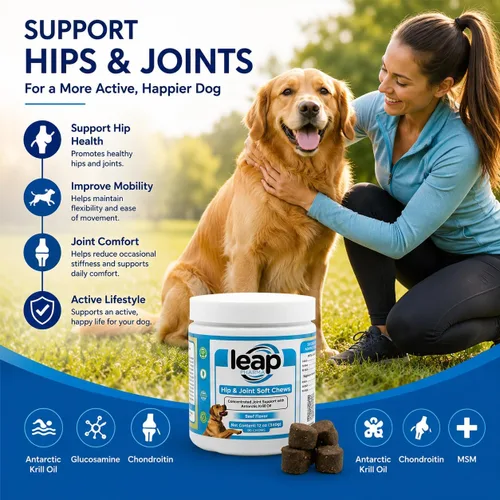 Vista 5 de Suplementos para perros para cadera y articulaciones, aceite de krill y glucosamina masticables suaves, suplemento articular para perros con aceite