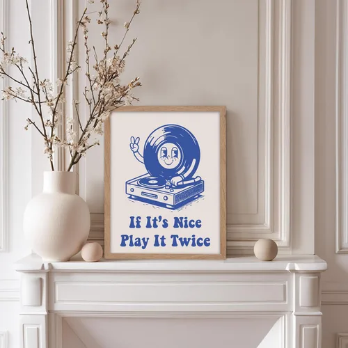 Vista 5 de Poster Master If It's Nice Play It Twice Poster - Retro Record Player Print - Turntable Art - Music Design - Blue Preppy Design - Trendy Artwork