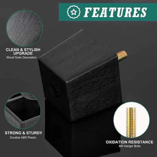 Vista 3 de Pernos de rosca métrica M8-1.25, patas de plástico para muebles, patas de sofá cuadradas negras de 2 pulgadas con tuercas de placa, repuesto