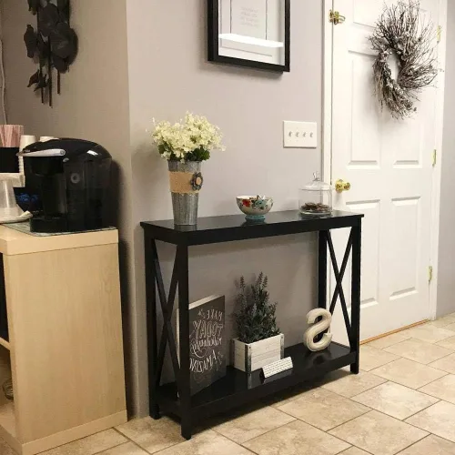 Vista 5 de Topeakmart Sofá consola, mesa de entrada de 2 niveles con estante de almacenamiento, mesa de sofá estrecha para entrada, pasillo, sala de estar