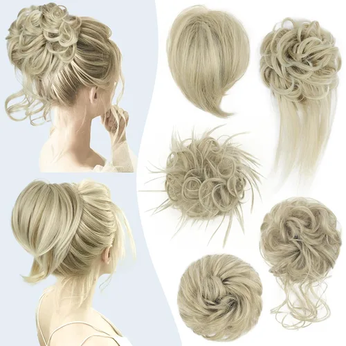 Vista 20 de HMD 5 piezas de moño despeinado para mujer, extensión de cabello con banda de goma elástica, extensión de cabello largo y desordenado, accesorios