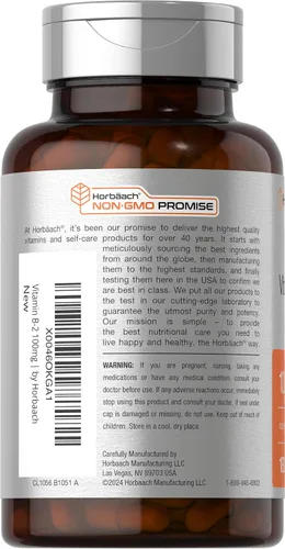 Vista 3 de Horbäach Vitamina B2 100 mg 180 cápsulas Suplemento de riboflavina Sin OMG y sin gluten