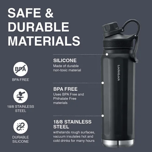 Vista 3 de LocknLock Trek Botella de acero inoxidable con aislamiento de doble pared, 24 onzas, color negro
