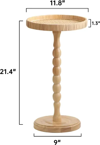 Vista 3 de Mesa pequeña para bebidas, mesa auxiliar redonda de ratán para espacios pequeños, mesa auxiliar bohemia con patas de madera maciza para sala