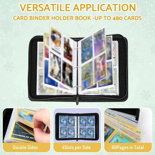 Vista 2 de Carpeta de Tarjetas de Béisbol y Fútbol con 480 Bolsillos y 60 Fundas Extraíbles, Carpeta Portátil para Tarjetas de Baloncesto y Deportes, Álbum