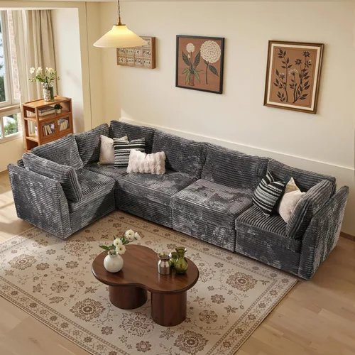 Vista 27 de Sofá seccional modular, conjunto de sofá en forma de L de 98" para sala de estar, 4 asientos cómodos tipo nube con sillas giratorias, combinación