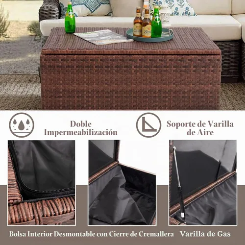 Vista 4 de DIMAR GARDEN Mesa de almacenamiento al aire libre de 42 galones, caja de almacenamiento de mimbre para patio con cubierta impermeable, marrón
