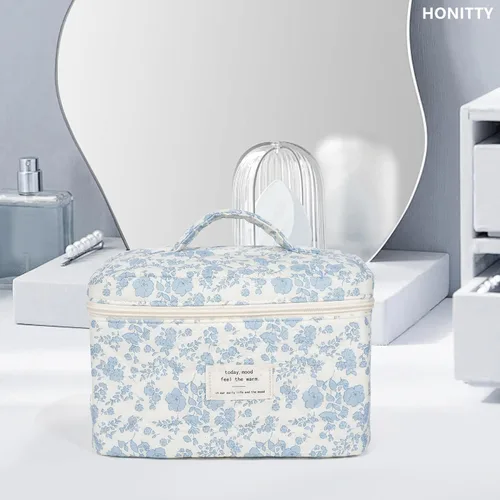 Vista 5 de honitty Bolsa de maquillaje, bolsas de cosméticos acolchadas, bolsas de maquillaje florales grandes para mujeres, organizador de maquillaje, bolsa