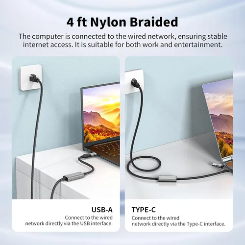 Vista 2 de Adaptador USB C a Ethernet de 4 pies, cable de red LAN Gigabit 2 en 1 USB-C/USB 3.0 a RJ45 Gigabit, 1000 Mbps conectado directamente, cable Ethernet