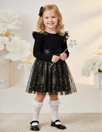 Vista 3 de Vestido de tul de manga larga para niña pequeña de 1 a 5 años Negro