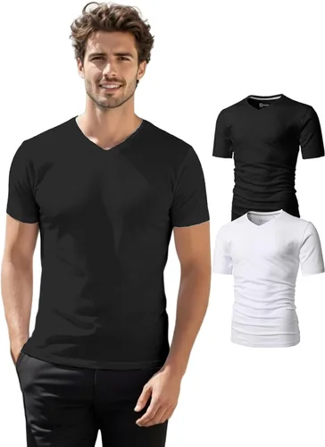 Vista 40 de H2H Camisetas para hombre - Pack de varias unidades, diseño simple, manga corta, ajuste delgado, mezcla de algodón (cuello en V/cuello redondo)