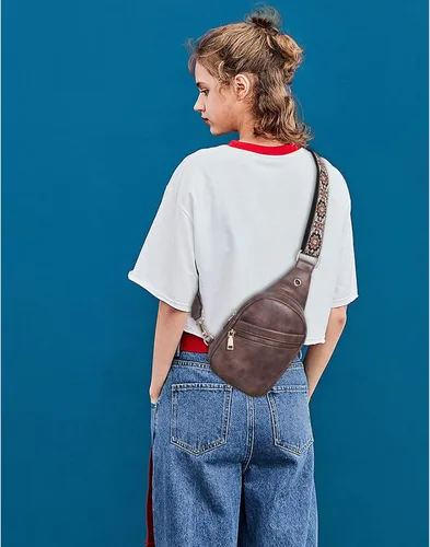 Vista 2 de Telena Bolso bandolera para mujer, cangureras cruzadas para mujer, bolso de pecho de moda con correa ajustable, 1- marrón