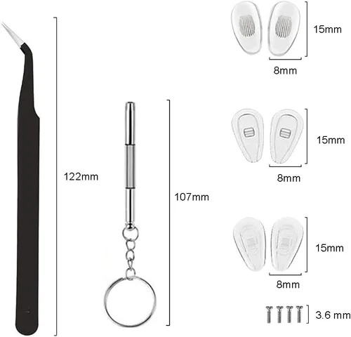 Vista 3 de 18 pares de almohadillas nasales para lentes, kit de reparación de anteojos con destornilladores, almohadillas para la nariz, tornillos, pinzas