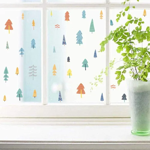 Vista 3 de IARTTOP Calcomanía de pared de árboles de bosque coloridos, calcomanía de pared de árboles de bosque para decoración de ventanas, calcomanías