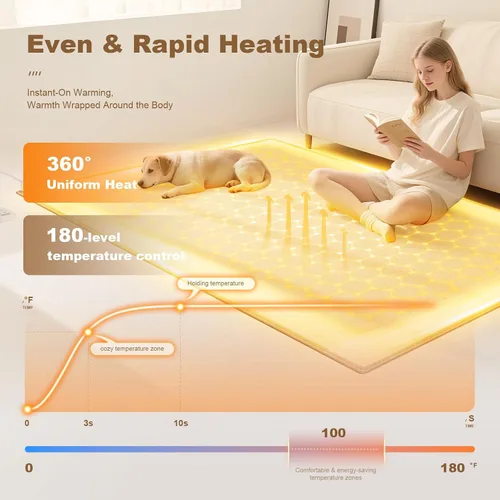 Vista 3 de Tapete eléctrico de 39 x 63 pulgadas, tapete de calefacción de suelo de grafeno para interiores, calentador de pies con temporizador