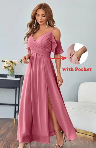 Vista 3 de SHINDRESS Vestido de dama de honor de gasa con hombros descubiertos para mujer, largo con abertura, vestido de fiesta formal para jóvenes SK95..