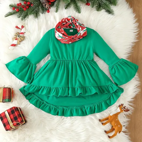 Vista 4 de Traje de Navidad para bebé niña, camisa de manga larga, vestido con volantes, leggings para niños, pantalones acampanados, bufanda, disfraz de Papá