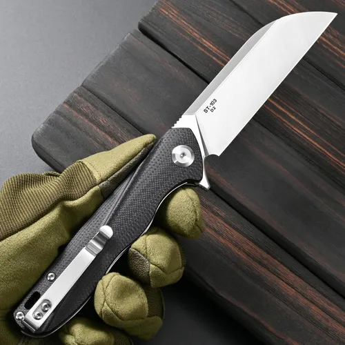 Vista 6 de Sitivien Cuchillo plegable ST103, hoja de acero D2+cuchillo de bolsillo con mango G10, cuchillo de herramienta EDC para exteriores, campamento, Negro