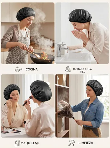 Vista 9 de Aquior Gorro de ducha con forro de rizo para mujer, reutilizable, triple capa impermeable, extra grande para mujeres de pelo largo (negro)