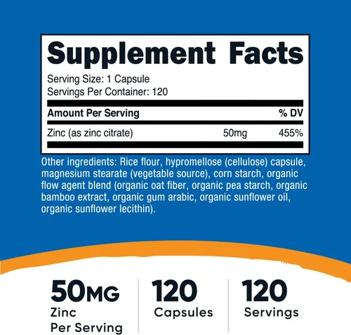 Vista 2 de Nutricost Quelato de zinc de 50 mg, 120 cápsulas vegetarianas, sin gluten y sin OMG