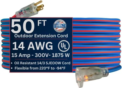 Vista 6 de US Wire 99025 12/3 25 pies SJEOW TPE Cable de extensión para clima frío azul con enchufe iluminado