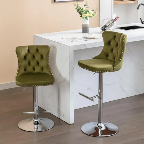 Vista 76 de Juego de 2 modernos taburetes de bar giratorios ajustables, sillas de bar copetudas de terciopelo beige con respaldo y ribete de cabeza de clavo