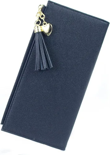 Vista 3 de Sumgogo - billetera delgada para mujer, con borlas largas, cierre zipper, monedero, bolso de mano, tarjetero, Negro, Grande, Minimalista