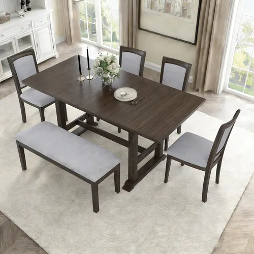 Vista 10 de JIVOIT Farmhouse 6 Piece Dining Table Set, Counter Height Table Set with 4 Chairs and a Bench, Rubber Wood Expandable Bar Table Set with Rivet Gris-3